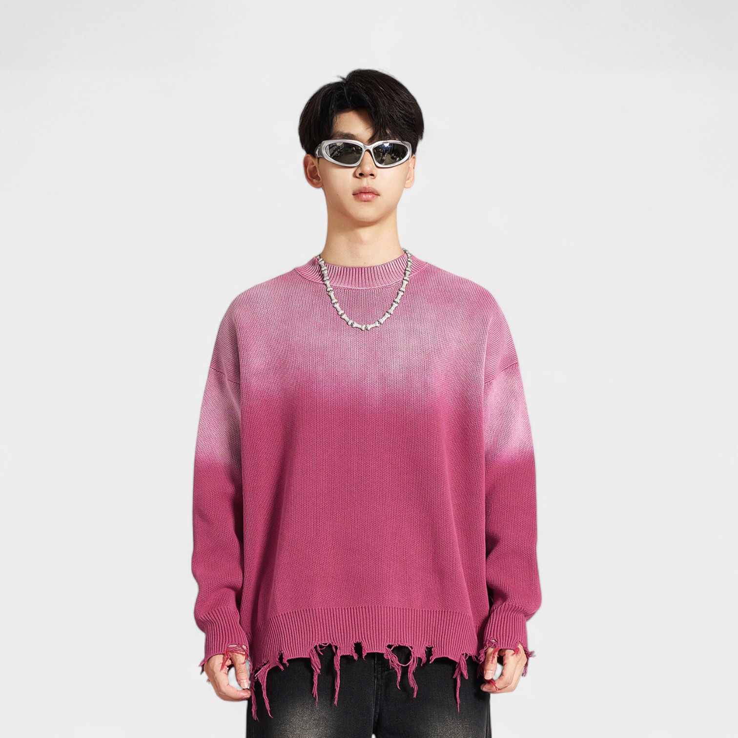 BE Men's Autumn and Winter American Retro Fashion Brand Washed Cut Round Neck Gradient Couple's Knitted Top Heavy Sweater for Men