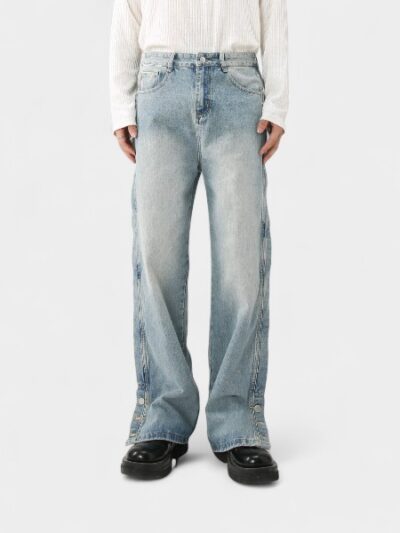 nirben denim | New personality button straight pants American light blue loose wide leg casual jeans men