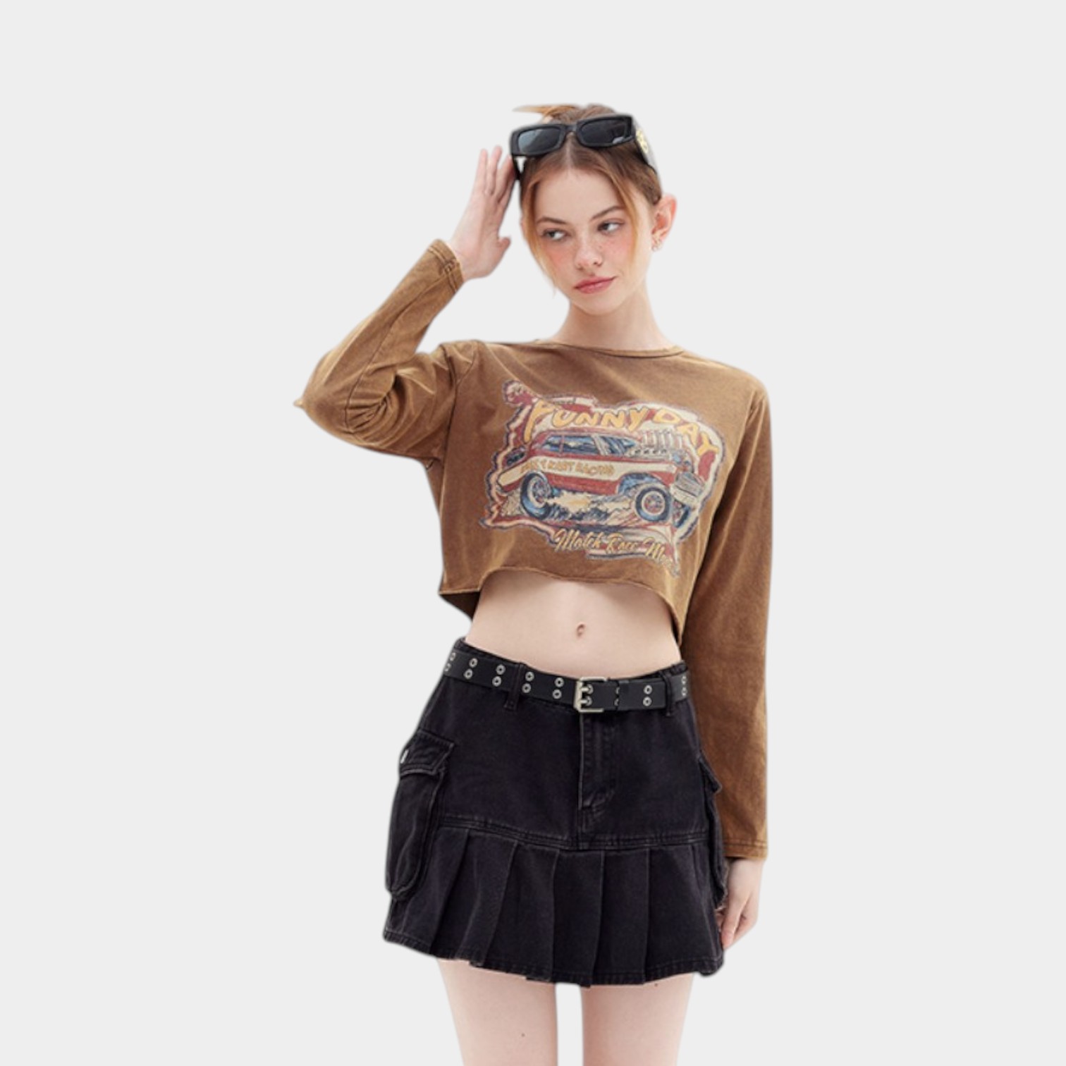 Damen Auto Print Langarm Crop Top – Bild 4