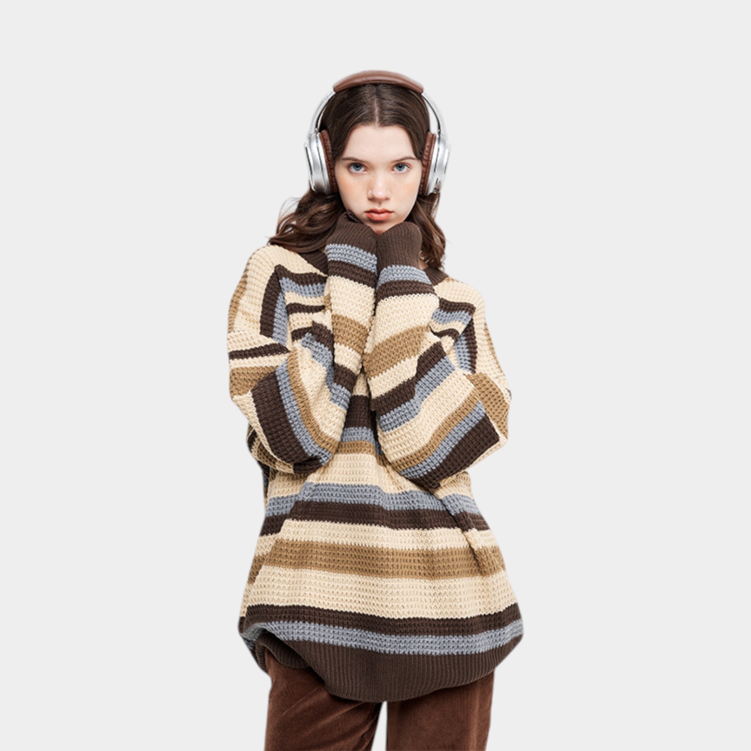 HeyHenry autumn and winter New lazy style round neck chic retro contrast color striped sweater women's all-match couple knitted