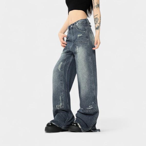 High Street Vintage Patchwork Washed Denim Jeans Straight Leg Torn American Style Youth Casual Cotton Blend Jeans