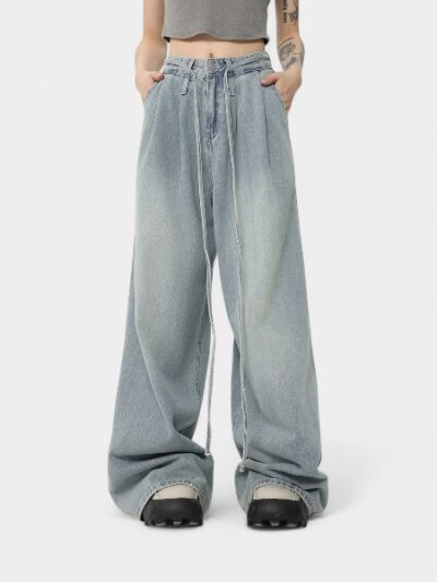 OREETA vintage Washed light blue Jeans Men's 2024 Fashion Brand Drawstring High Street Wide Leg Jeans