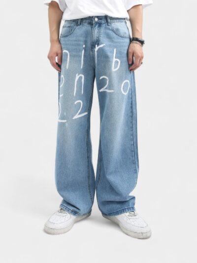 nirben Denim | Fashionable hand-painted letter design jeans Korean style loose straight wide-leg trousers