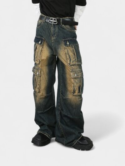 nirben Denim | American retro overalls men's jeans high street loose straight multi-pocket wide leg trousers