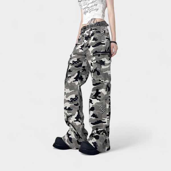 OREETA, American retro overalls camouflage pants fashion brand vintage loose cotton straight casual overalls