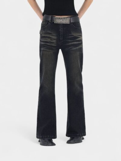 OREETA, American Washed Black Cat-whisker Jeans 2024 Retro Dressed Slim High Street Straight Jeans