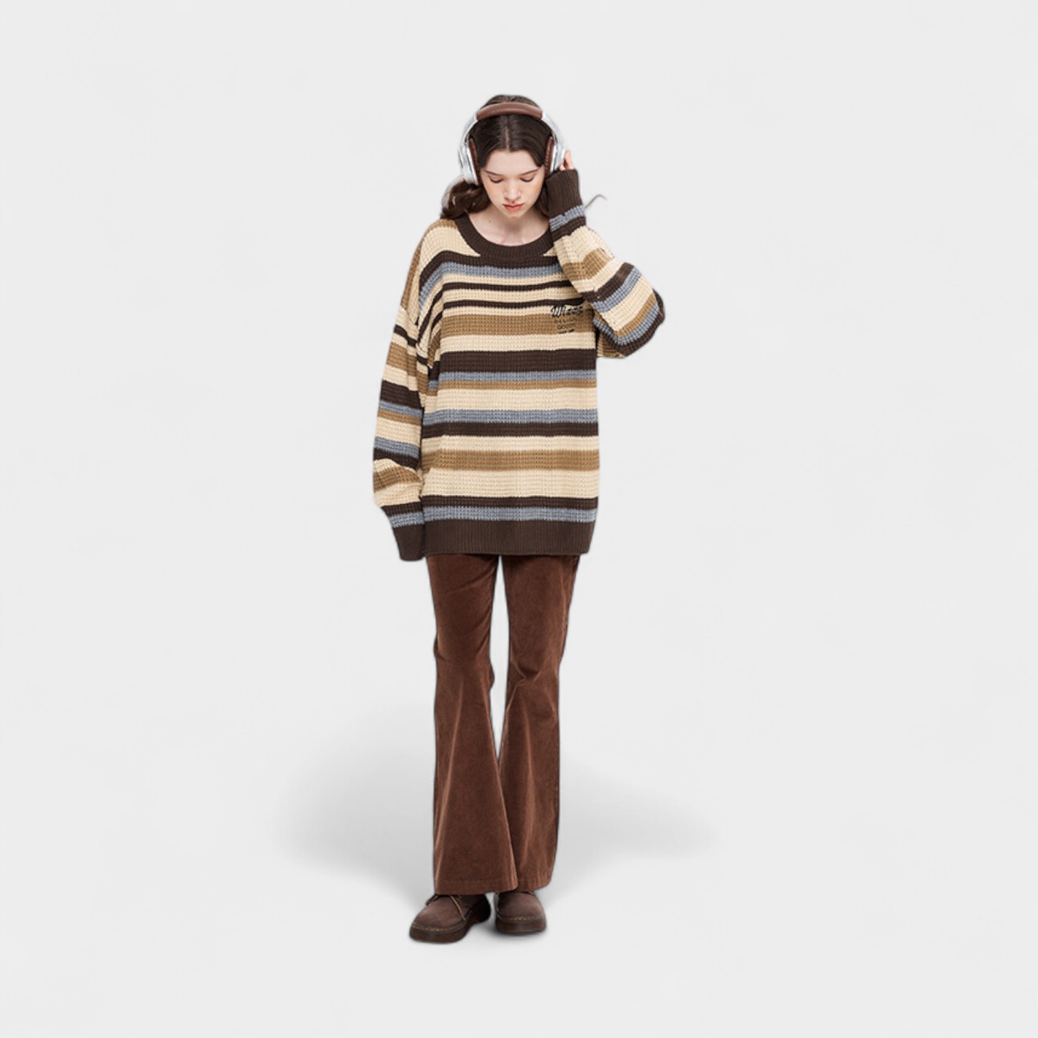HeyHenry autumn and winter New lazy style round neck chic retro contrast color striped sweater women's all-match couple knitted