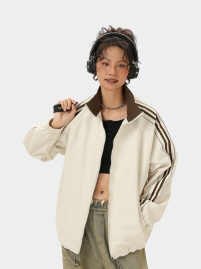 Jack Chuanyang American-style Retro Jacket Men's All-match Stripe Stitching Collar Loose Sports Couple's Casual Jacket Women's