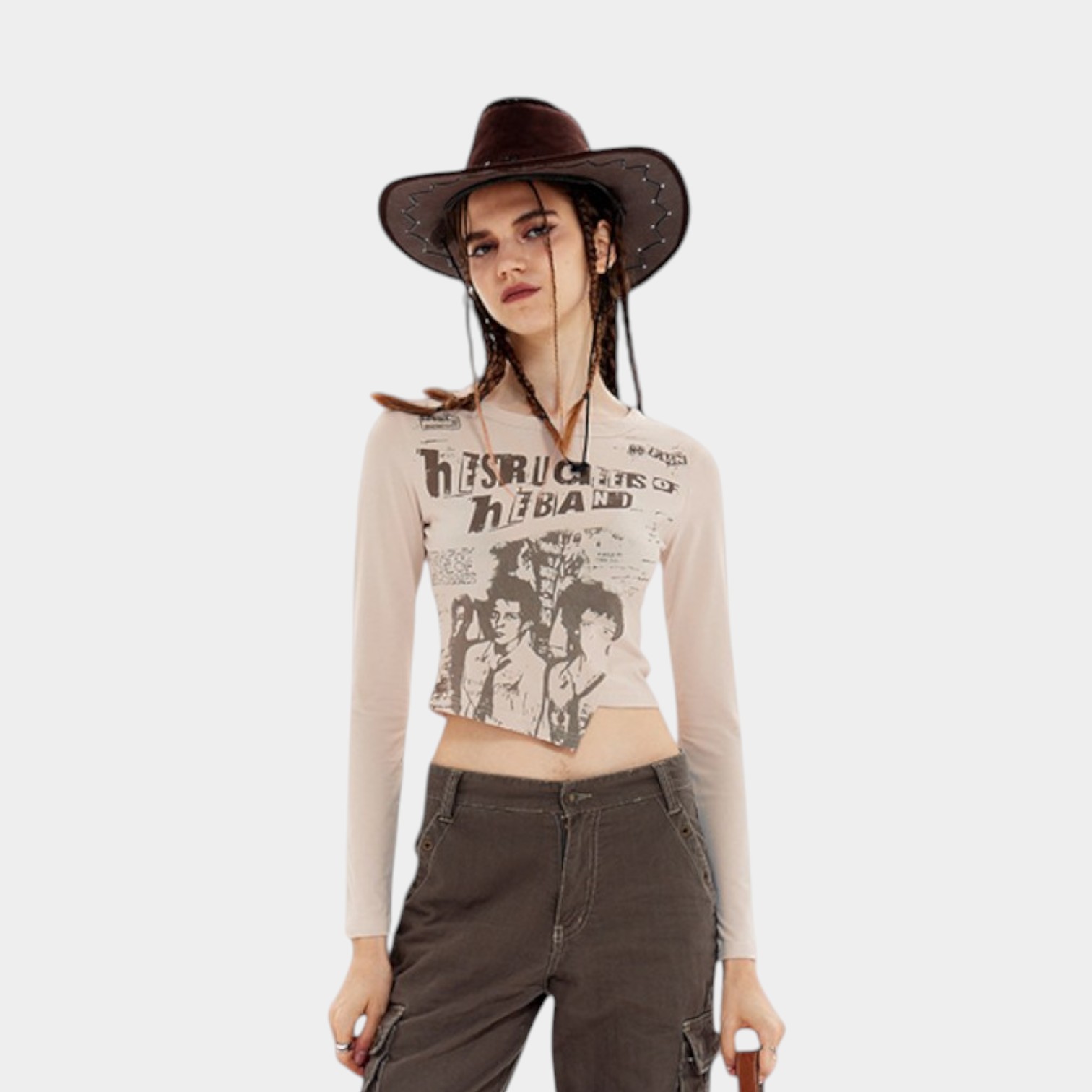 Damen Foto Print Langarm Crop Top