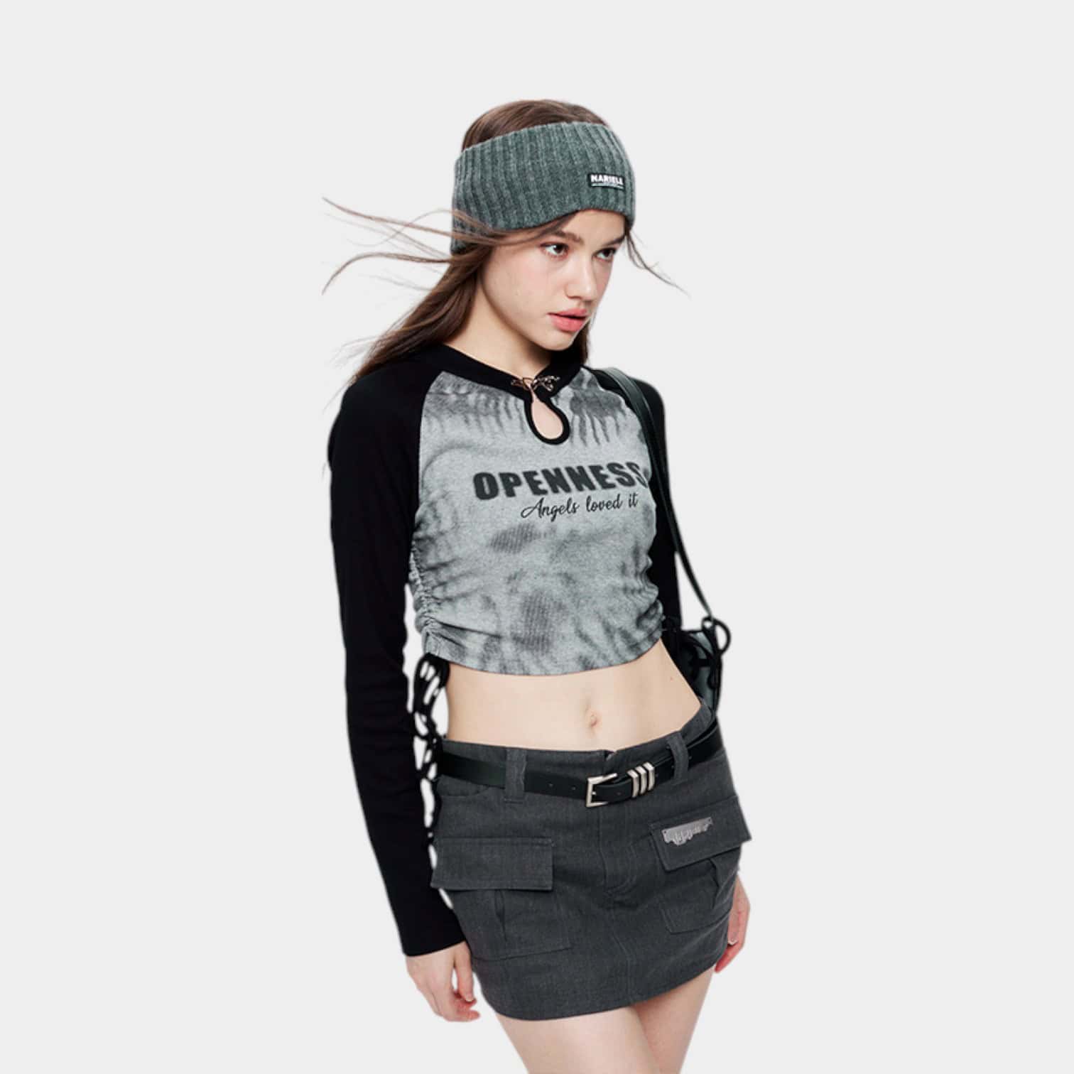 HeyHenry American sweet hot girl metal buckle hollow letter printed long-sleeved T-shirt women's drawstring short top fashion