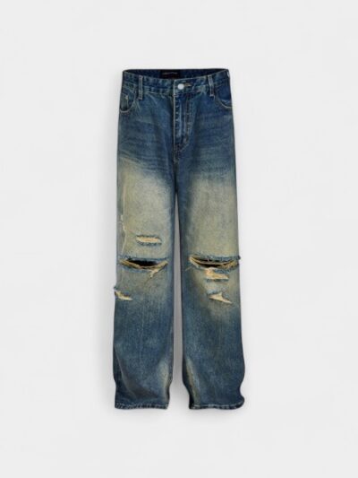 MADEEXTREME Vintage Nostalgic Washed Ripped Cat Whiskers Yellow Mud Waste Soil Wind Straight Trousers Jeans for Men and Women