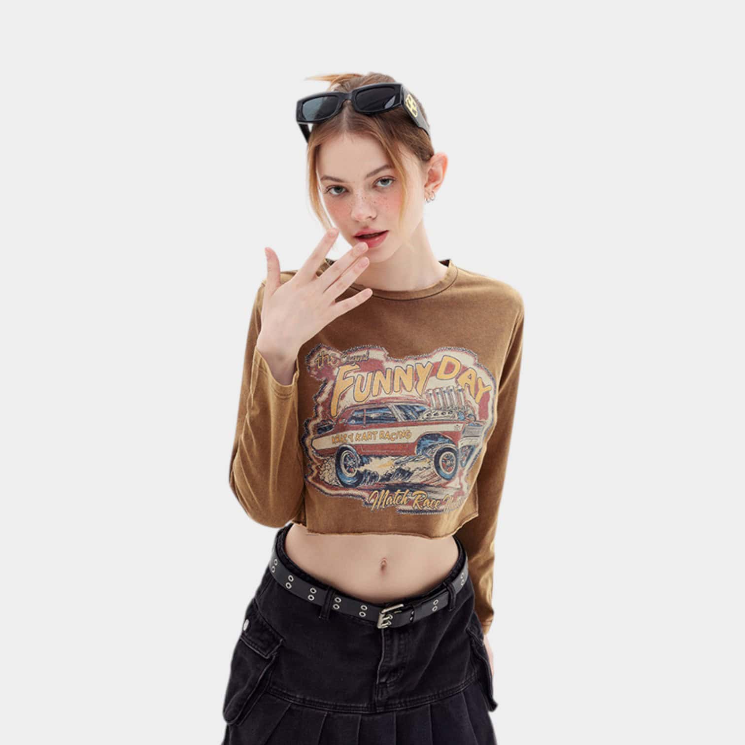 Fall HeyHenry American style vintage printed retro style long-sleeved T-shirt women's hot girl short shirt fashion