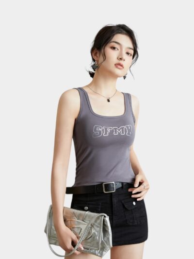 2024 Summer New Style Square Collar Japanese and Korean-style Casual Loving Letter Printing Inside and Outside All-match Slim-fit Short Vest