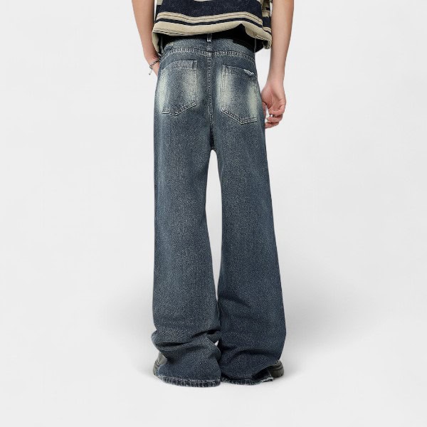 High Street Vintage Patchwork Washed Denim Jeans Straight Leg Torn American Style Youth Casual Cotton Blend Jeans