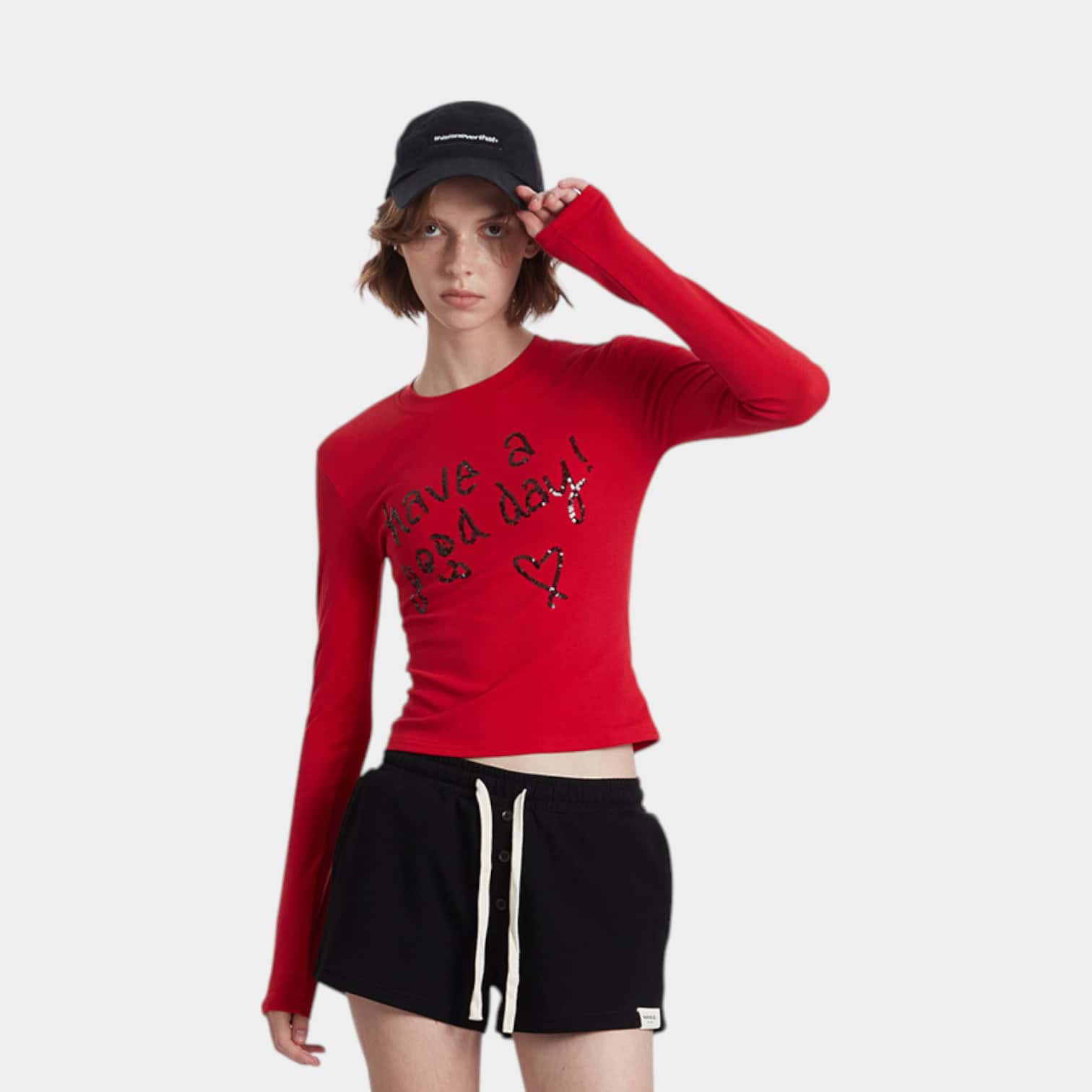 HeyHenry European and American Love Letter Bead Embroidered Long Sleeve Crewneck Short T-shirt Women's Ins New Hot Girl Top