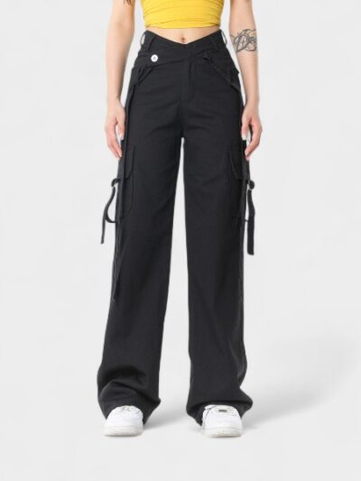 OREETA 2024 Trendy Personalized Workwear Pants High Waist Straight Leg Men's Women's Sash Decorated Cross Waist Seal Japanese Style