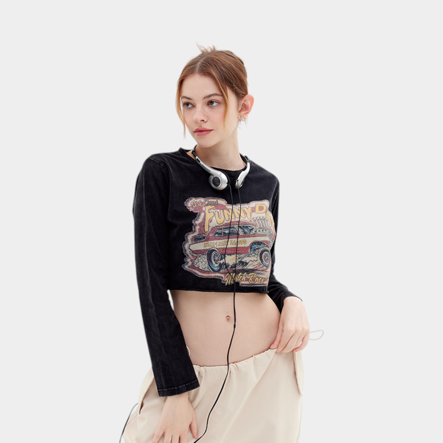 Fall HeyHenry American style vintage printed retro style long-sleeved T-shirt women's hot girl short shirt fashion