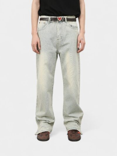 Nirben Denim | New American High Street Jeans Men's Loose Old Retro Washed Leg Zipper Pants