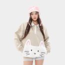 Oreeta Autumn Winter Polo Neck Sweatshirt Men Women American Cat Patch Pocket Trendy Brand Sweatshirt Jacket Polyester Fiber