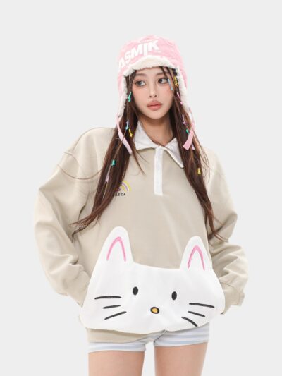 Oreeta Autumn Winter Polo Neck Sweatshirt Men Women American Cat Patch Pocket Trendy Brand Sweatshirt Jacket Polyester Fiber