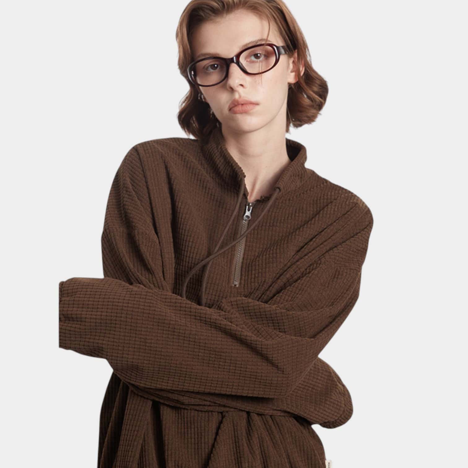 HeyHenry men's stand collar zipper drawstring design loose couple retro autumn and winter sweater versatile fashion brand ins