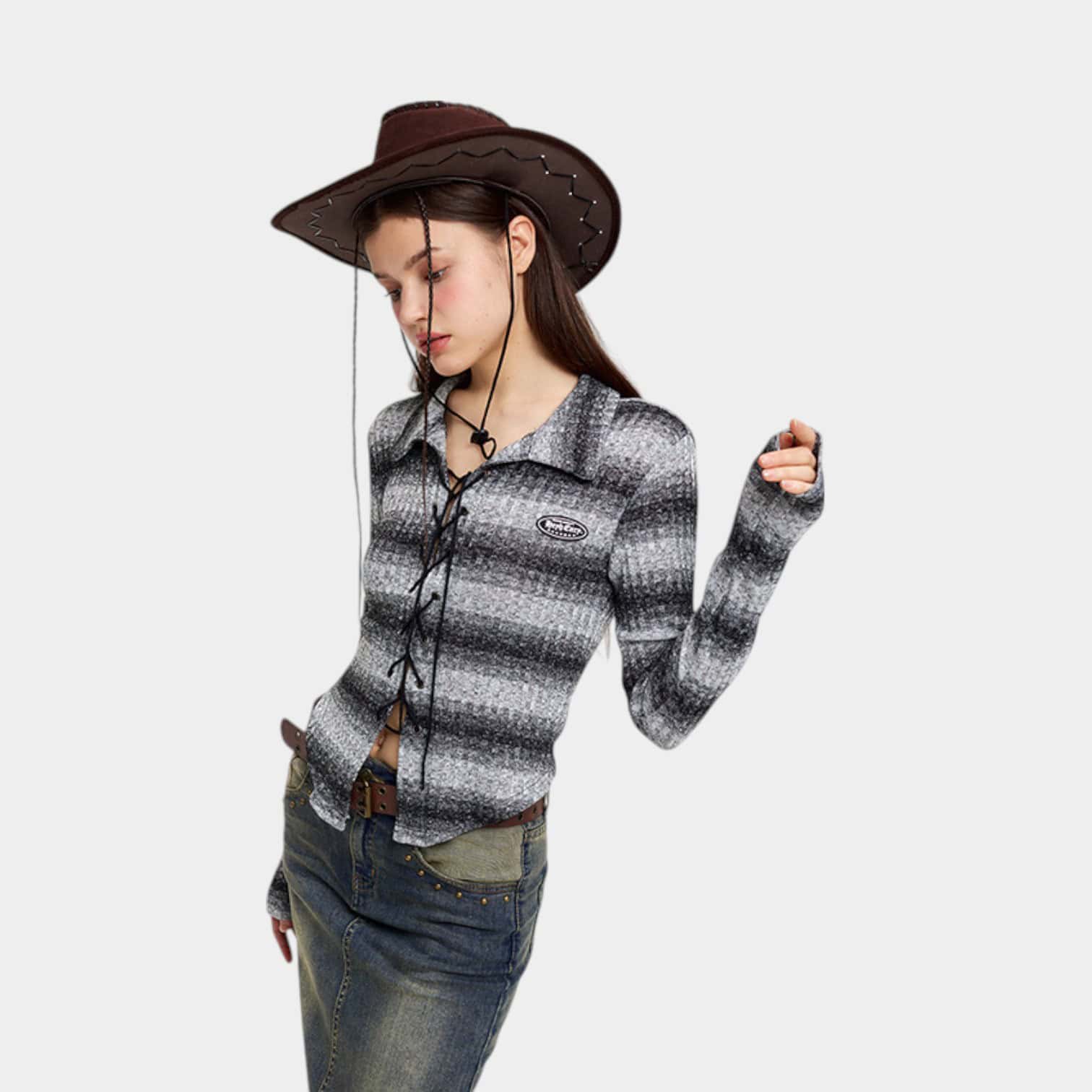 HeyHenry Design Sense Niche Short Striped Cross Strap Long Sleeve Top Slim-fit Slimming Shirt for Women Spring