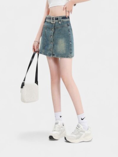 High Waist A-Line Mini Skirt with Belt Design Denim Women's Inner Lining Anti-Light Summer 2025 Slimming Half Body Skirt