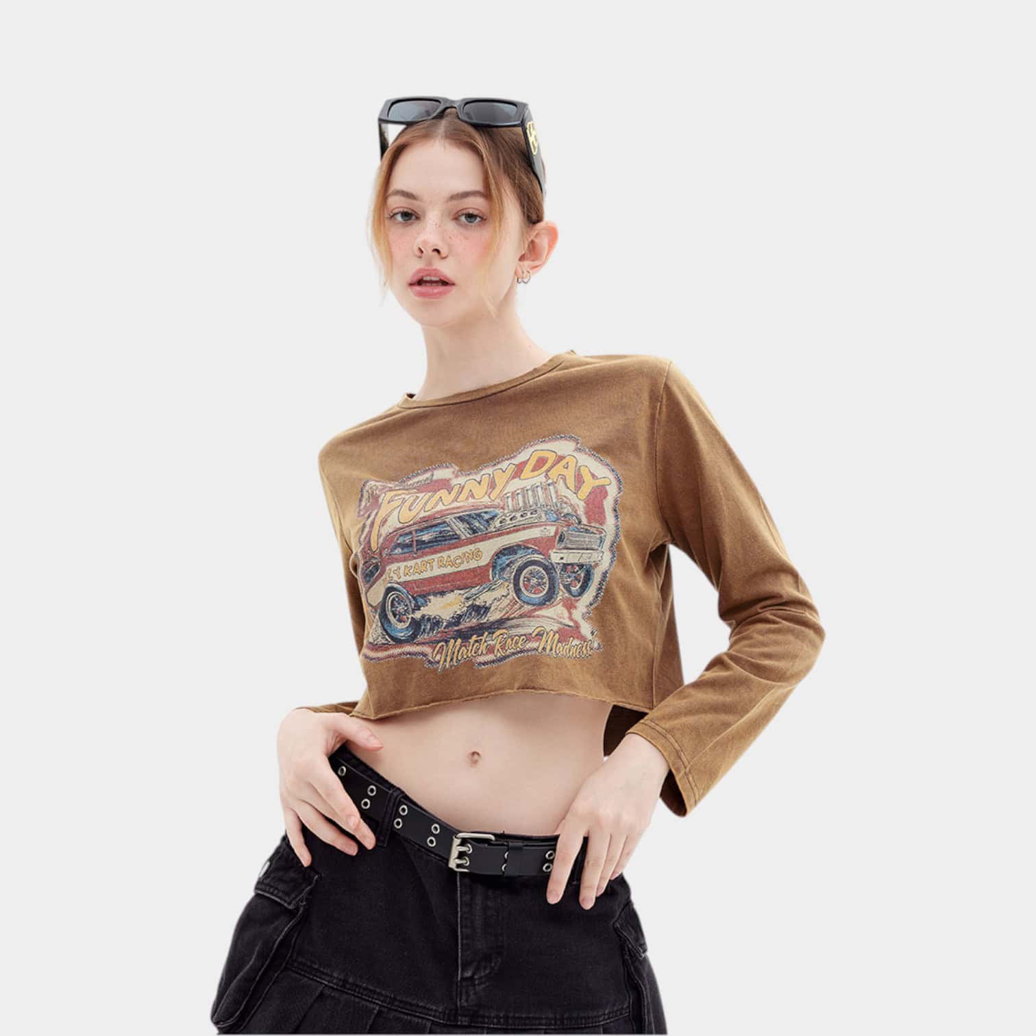 Damen Auto Print Langarm Crop Top – Bild 5