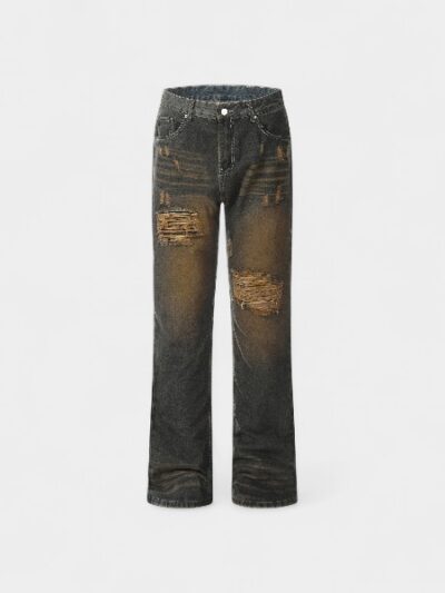 Retro Washed Hole Denim Pants Straight American High Street Style Autumn Winter Collection OREETA Youth Casual Cotton Jeans