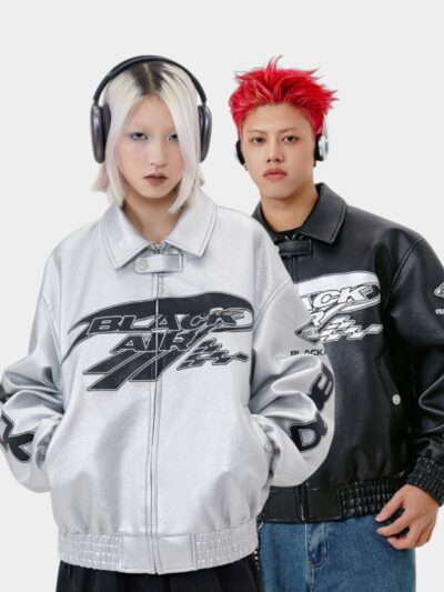 Unisex Text print Long sleeves Leather Jacket