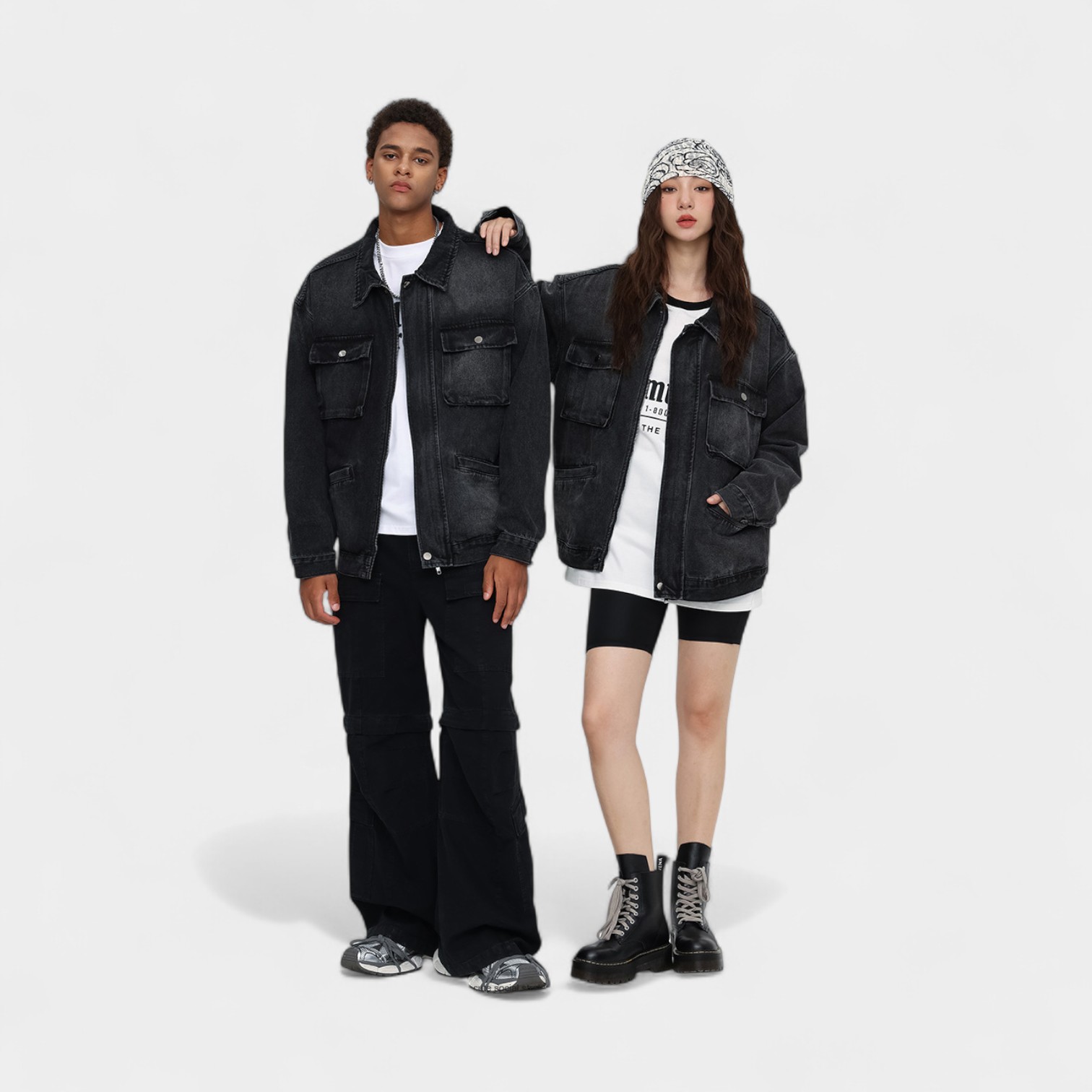 Unisex Jeansjacke mit Textdruck und langen Ärmeln – Bild 3