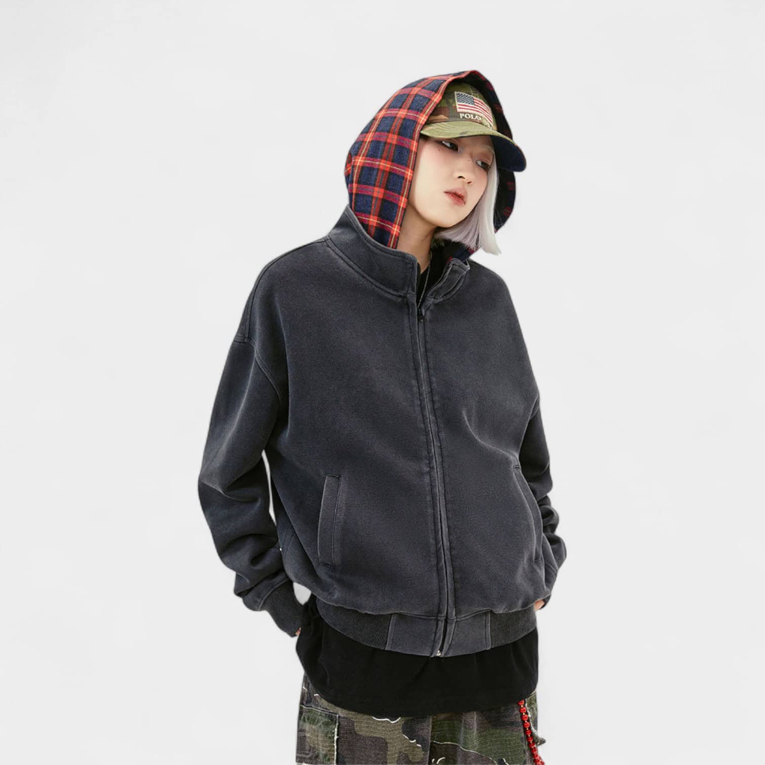 Damen Jacke mit Karomuster, langen Ärmeln und Reißverschluss – Bild 3