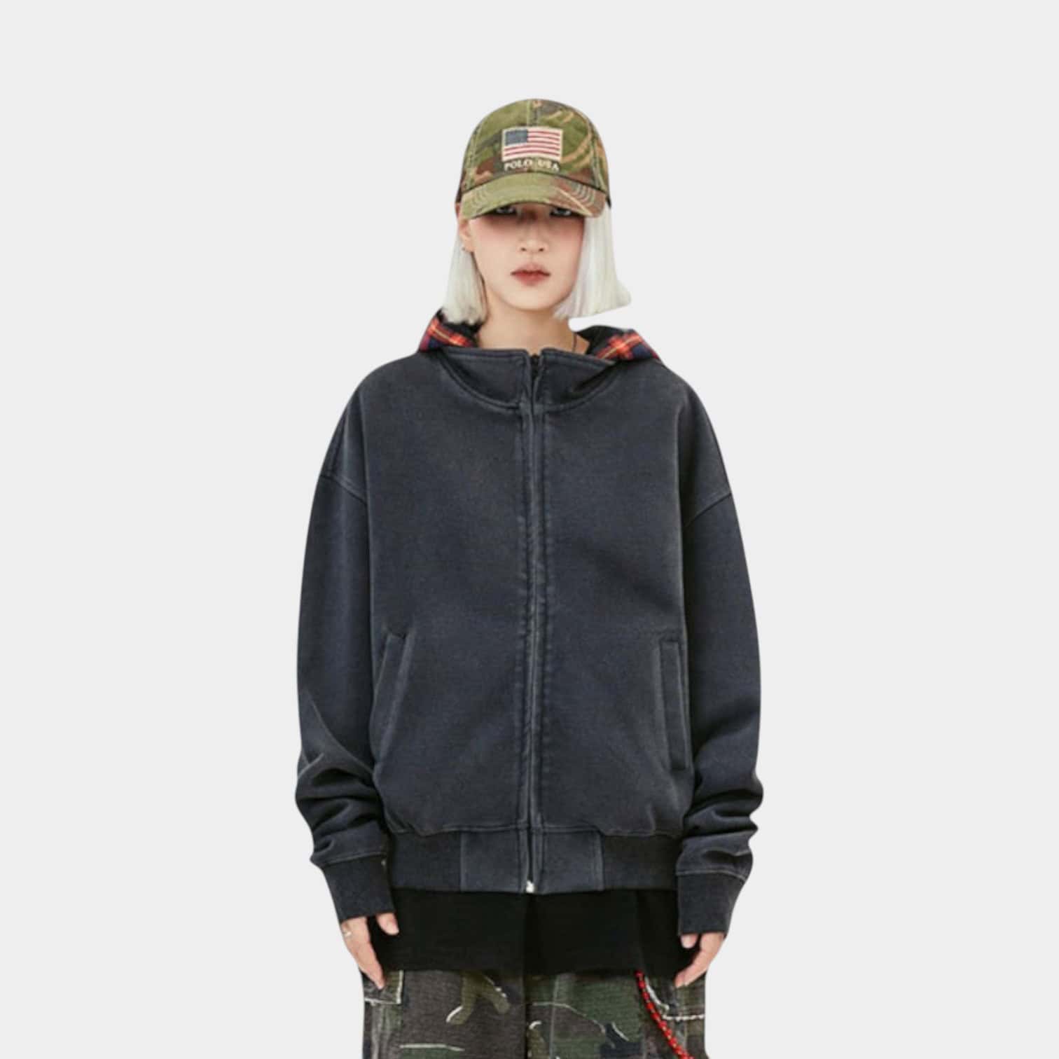 Damen Jacke mit Karomuster, langen Ärmeln und Reißverschluss