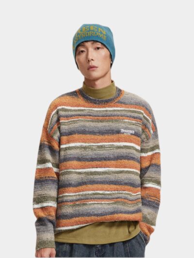 Dopamine Retro Contrast Striped Round Neck Mohair Sweater Men's and Women's Fashion Brand Fleece Long Sleeve Sweater