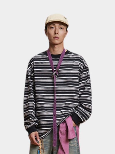 American Street Trend Striped Long-sleeved T-shirt Couple Loose Casual Crewneck Sweater National Trendy Pullover