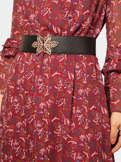 2023 new ladies elastic leaf buckle black waist fashion elegant cross-border factory direct wholesale