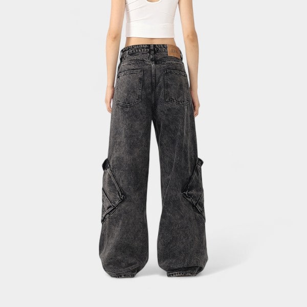 Orange Silk Women's Wear# American Retro Black Grey Washed Jeans Women's Autumn Design Irregular Wide Leg Pants