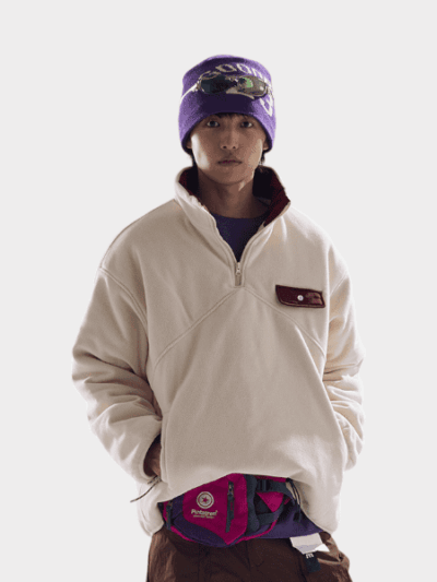 Japanese Style All-Match Thickened Fleece Coat Half-Zipper Tooling Warm Cotton-Padded Coat with Cotton Embroidery for Winter