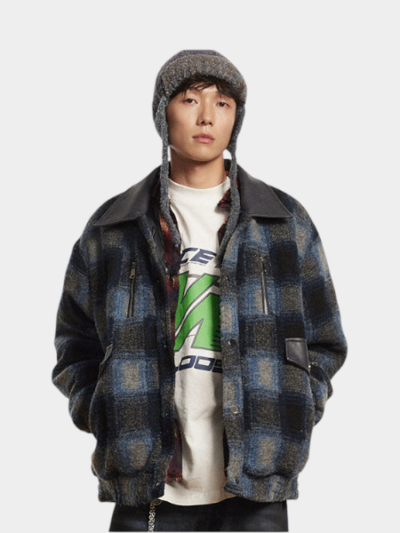 American Style Retro Contrast Color Stitching Woolen Plaid Cotton Coat Winter Thickened Loose Warm Cotton Coat for Couple