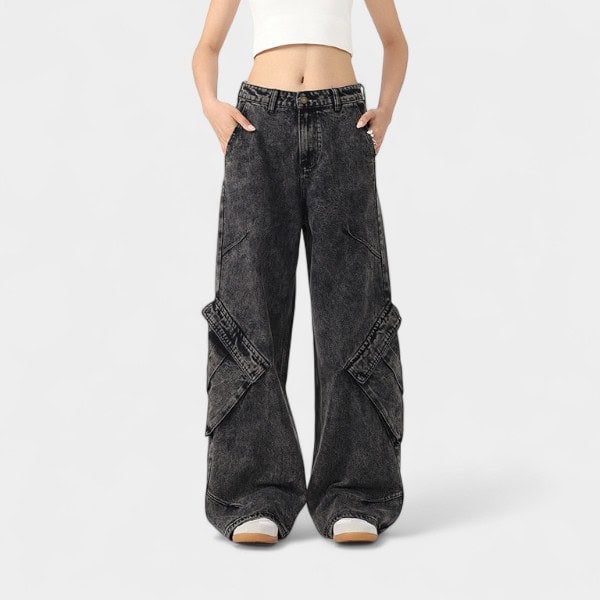 Orange Silk Women's Wear# American Retro Black Grey Washed Jeans Women's Autumn Design Irregular Wide Leg Pants