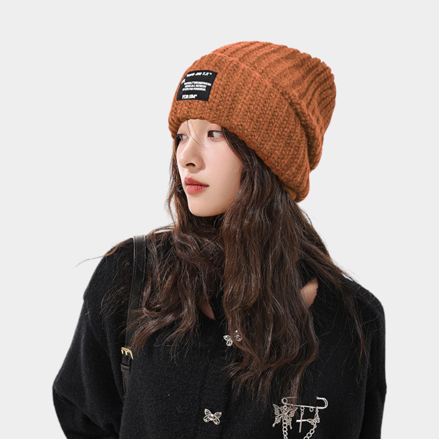 Japanese style lazy style woolen hat women's winter ear protection all-match cloth logo face small pullover warm knitted hat in stock