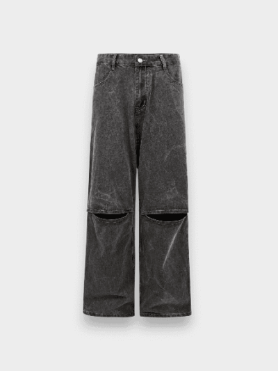 MADEEXTREME High Street Retro Cracked Used Pants Medium Pleated Wide Leg Profile Loose Parachute Pants Jeans