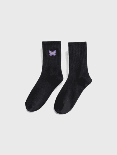 New Embroidered Bow Women's Socks Women's High Barrel Korean Style Fashionable Socks High Waist Simple Black and White Solid Color Distinctive Stockings