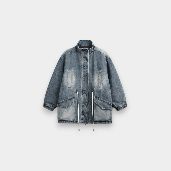 Washed old fashion brand, mid-length Denim cotton-padded jacket men's winter cotton padded padded warm retro Hong Kong style cotton-padded jacket