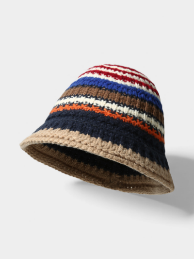 Personalized Vintage Contrast Color Handmade Knitted Hat Basin Hat Women's Ins Striped Korean Style Wool Hat Trendy Small Fisherman Hat