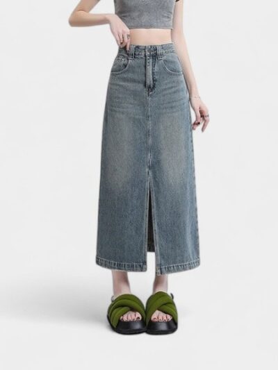 Orange Silk women's clothing #2024 spring split Denim skirt new cover a-line small sheath midi dress