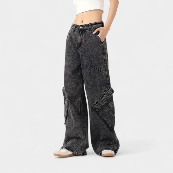 Orange Silk Women's Wear# American Retro Black Grey Washed Jeans Women's Autumn Design Irregular Wide Leg Pants