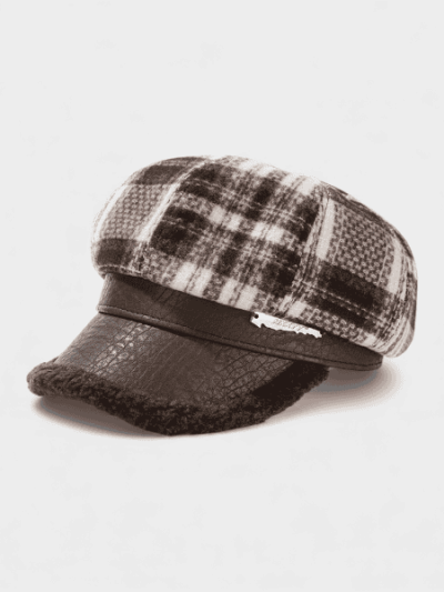 Japanese British Retro Plaid Octagonal Cap Thickened Stitching Leather Warm Beret Autumn and Winter South Korea Newsboy Cap