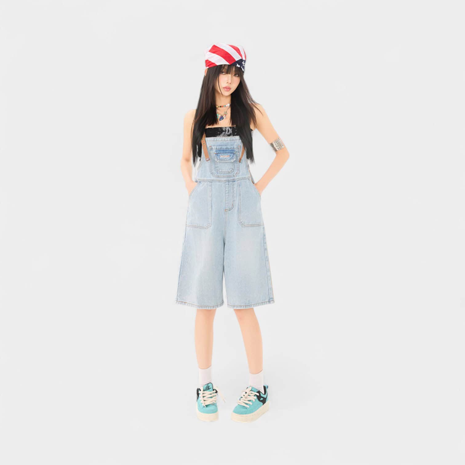 Orange Silk Women's Clothing # American-Style Retro Denim Overalls for Women, Summer Strap Design, Loose Bf Style, Age-Reducing Wide-Leg Pants.