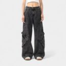 Orange Silk Women's Wear# American Retro Black Grey Washed Jeans Women's Autumn Design Irregular Wide Leg Pants